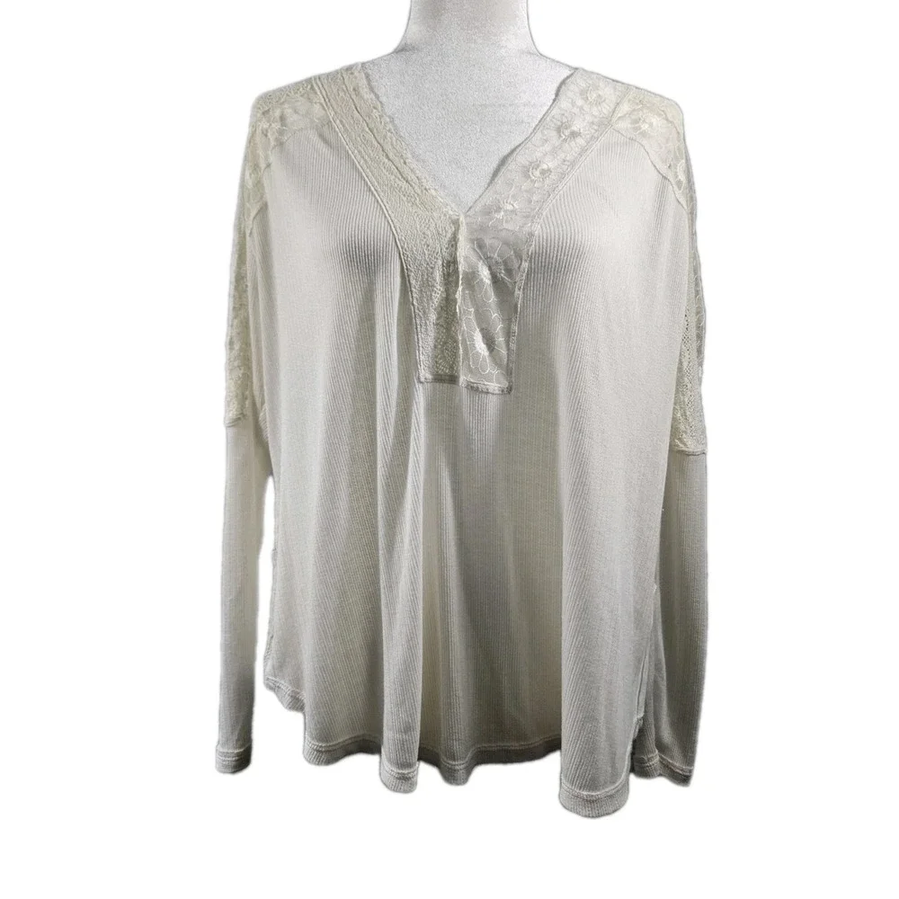 Free People Womens Small Top Ivory Lace Sheer Crochet V-Neck Angel Food Boho